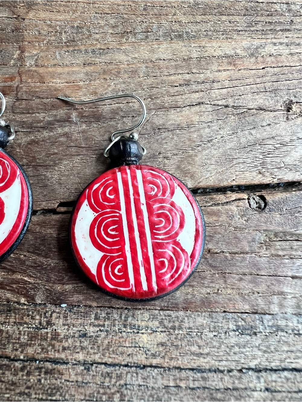 Red and White Handcrafted Round Dangle Earrings - Picture 3 of 5